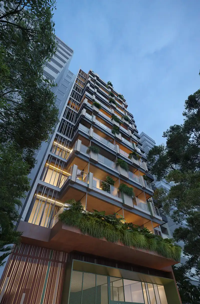 Development exterior on Rua Felipe de Oliveira at night
